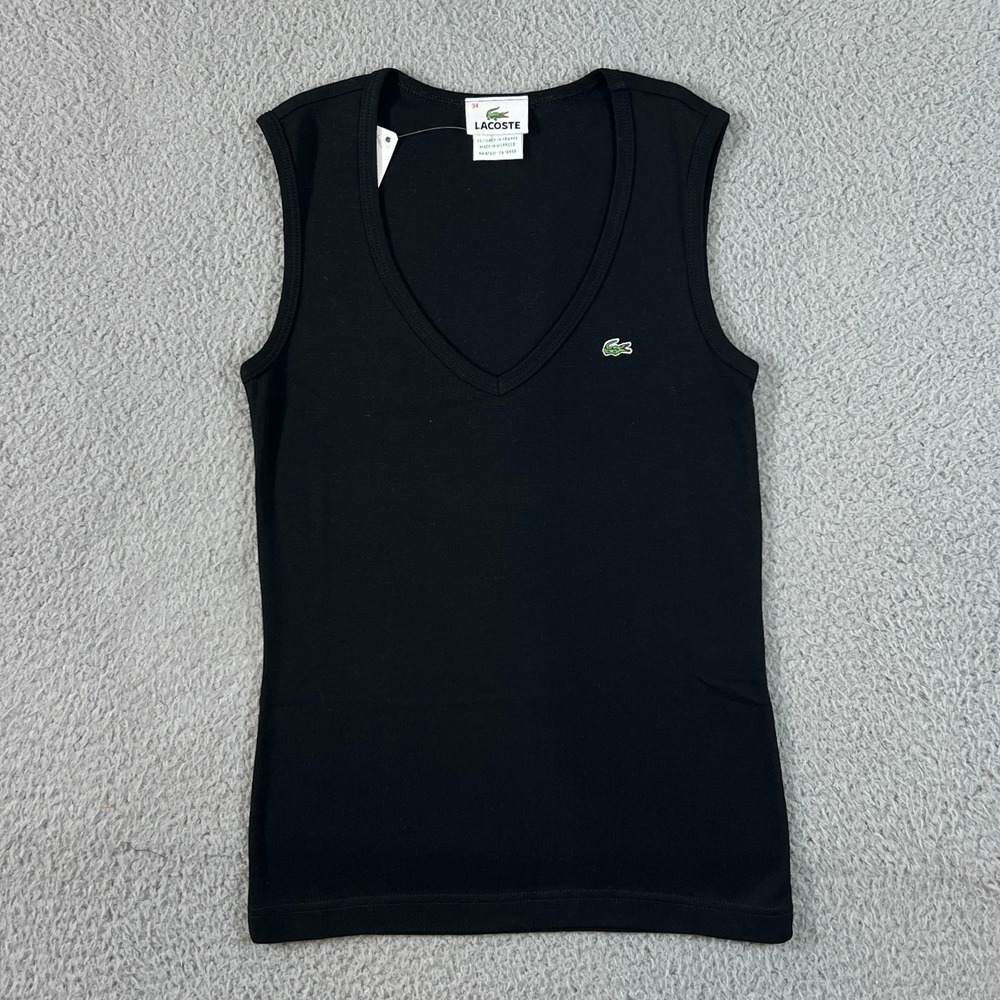 Lacoste Tank Top Women US Size S (EU/2) Black V-Neck Cotton Ribbed Crocodile